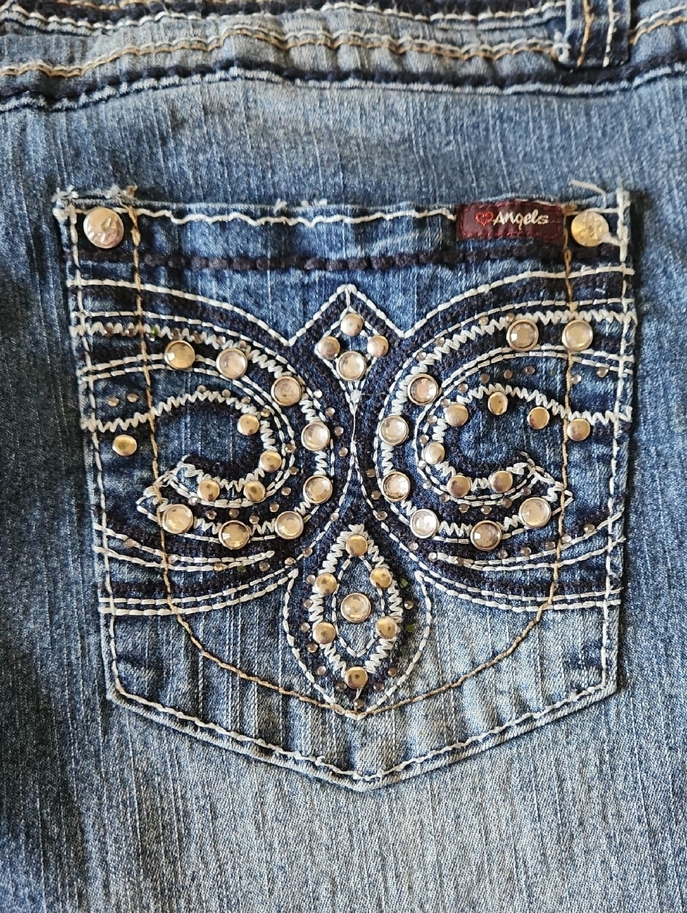 Angels Distressed Blue Denim Jeans with Studded Embellished Back Pocket